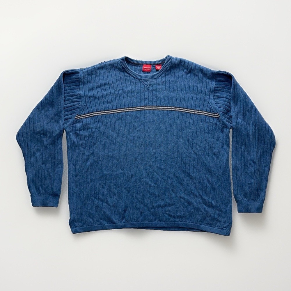 Vintage Arrow Ribbed Crewneck Sweatshirt Mens XL Blue Striped Y2K Surf Knit 90s